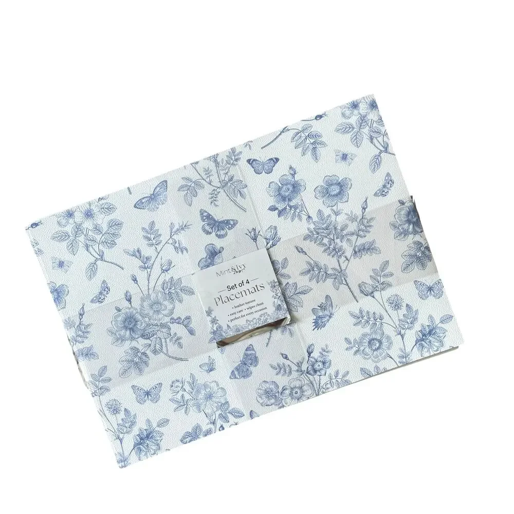 Mint & Ivy Faux Leather Placemats 13x18 Blue & White Floral Butterfly Set of 4